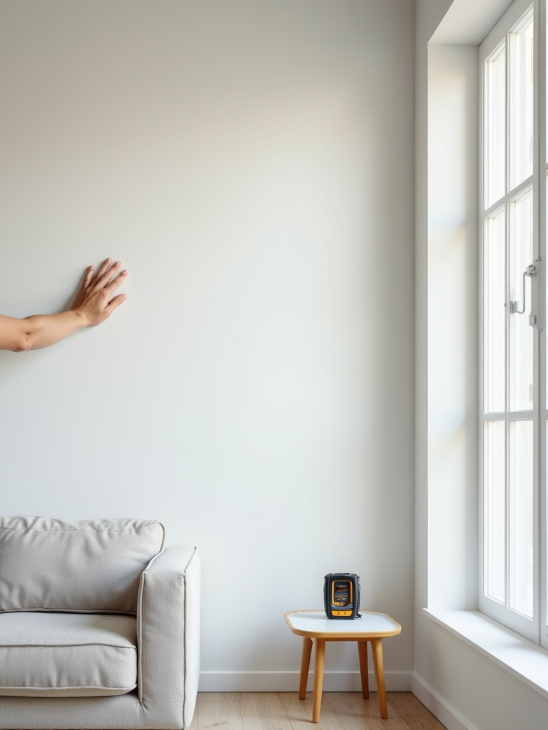 A close-up shot of a modern living room wall with a subtle orange peel texture, where a hand lightly touches the surface to assess its feel. A stud finder is subtly placed on a nearby surface. The image emphasizes the process of evaluating wall texture and material for decor choices.