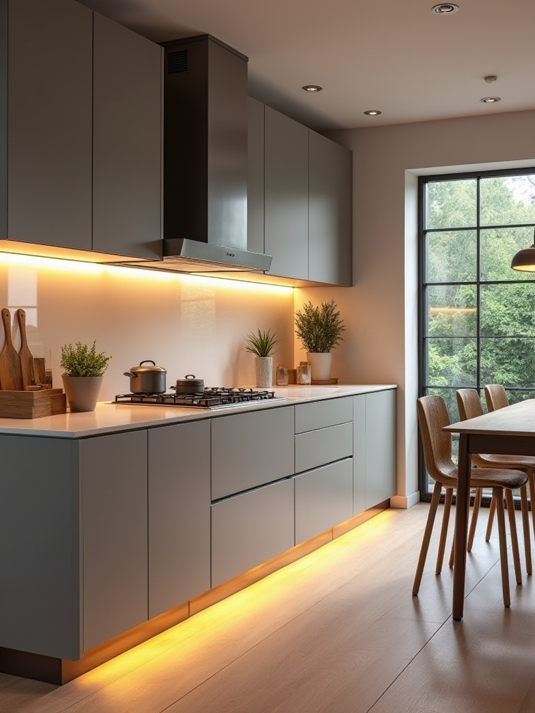 Portrait view of a modern kitchen with clearly defined task zones and layered lighting.