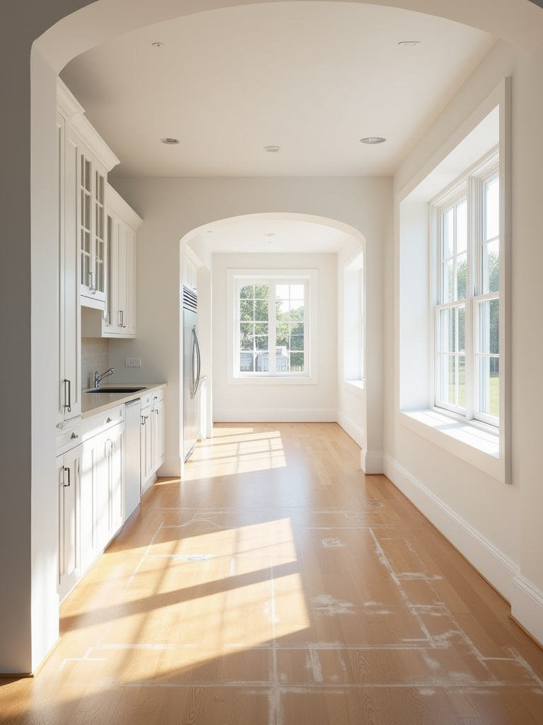 Architectural photo of an empty farmhouse kitchen showcasing clear pathways and spatial organization for optimal cabinet placement and flow. Bright and inviting.