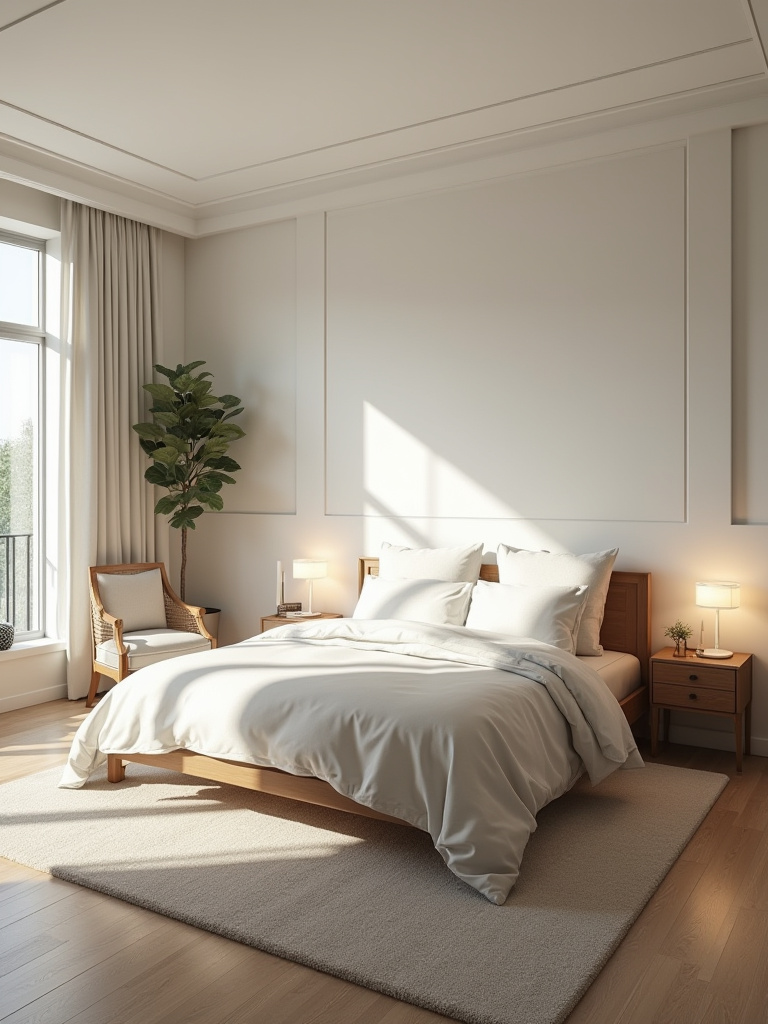 A beautifully arranged, tranquil bedroom with a centrally placed bed, clear pathways, and balanced furniture showing optimal flow and visual balance.
