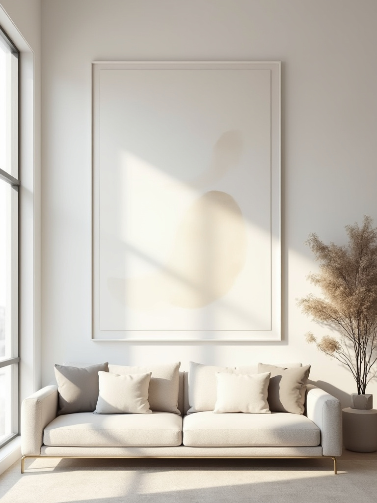 A serene and minimalist living room featuring a single large piece of abstract art over a sofa, surrounded by ample negative space to illustrate uncluttered living room walls and an open aesthetic.