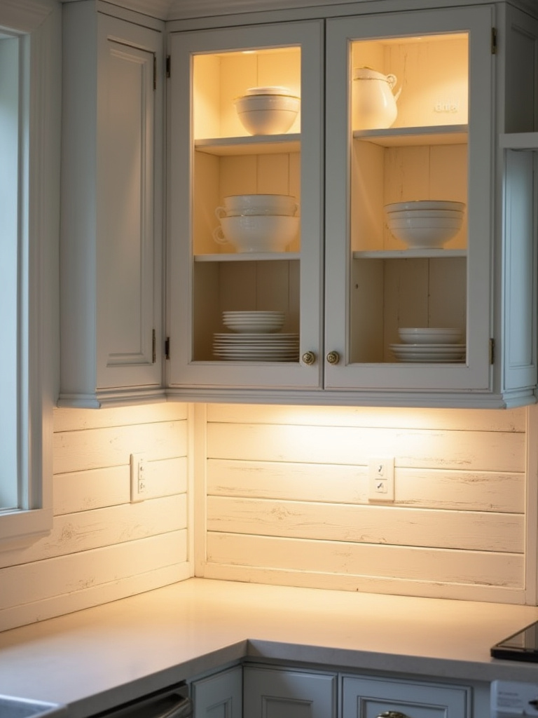 Farmhouse kitchen with under-cabinet and interior lighting, warm LED glow on countertops and antique dishes, white cabinets.