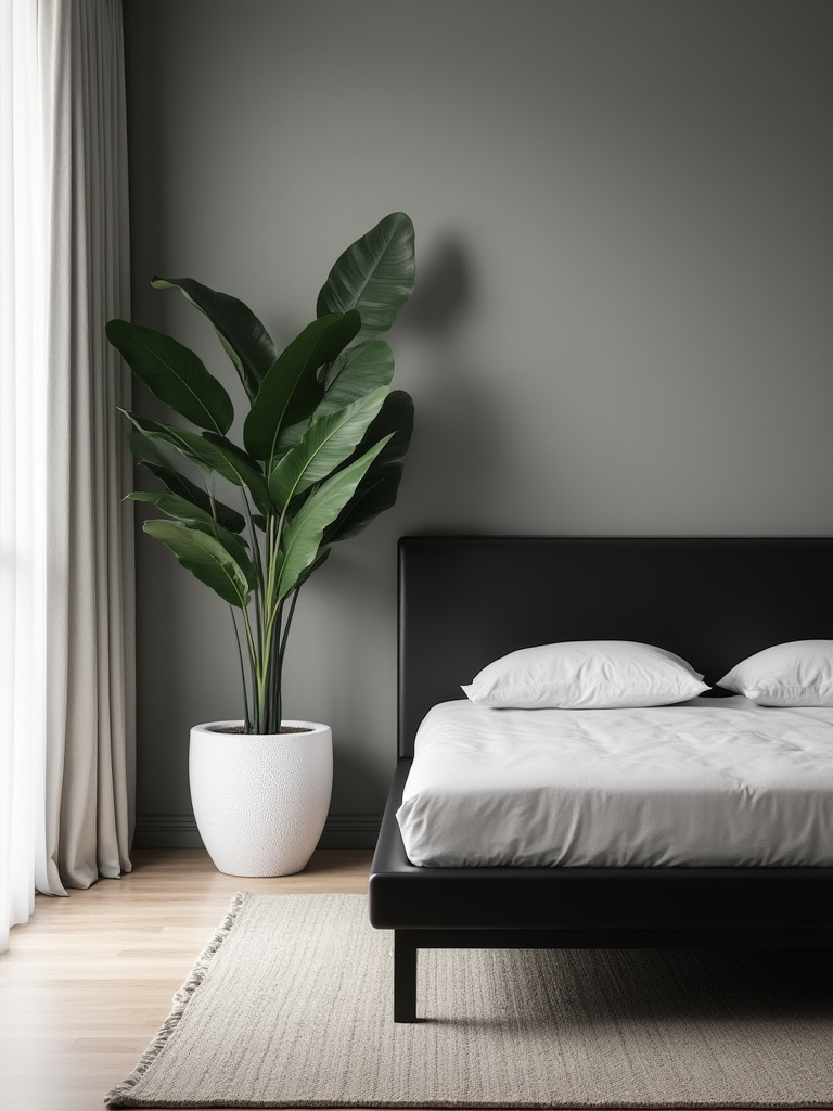 Fiddle Leaf Fig plant in a white pot beside a black platform bed in a modern bedroom, showcasing greenery contrasting dark furniture.