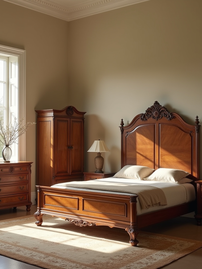 Portrait of a luxury bedroom showing heirloom-quality pieces, wood textures, and premium detailing