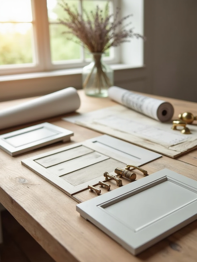 A rustic table with various farmhouse cabinet material samples, including wood, paint swatches, and hardware, alongside a design plan, representing thoughtful budgeting for kitchen cabinetry.