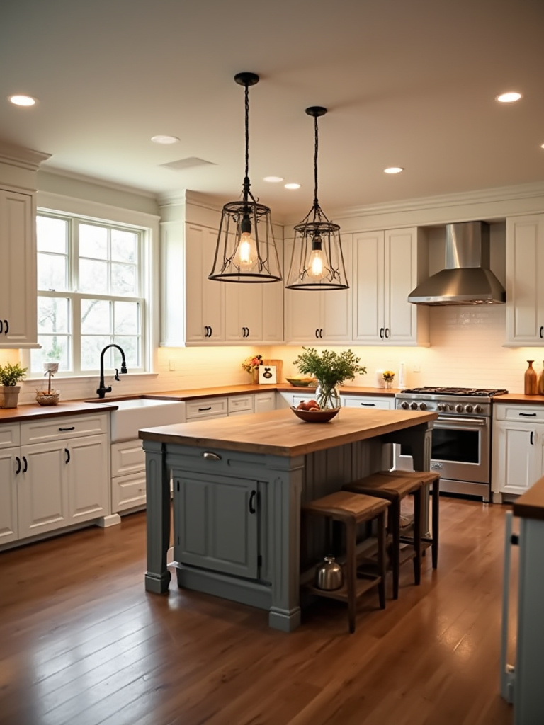 Brightly lit farmhouse kitchen showcasing perfectly calculated lumens per square foot, with balanced ambient and task lighting over white cabinets and rustic island, demonstrating ideal kitchen lighting lumens for functionality and ambiance.