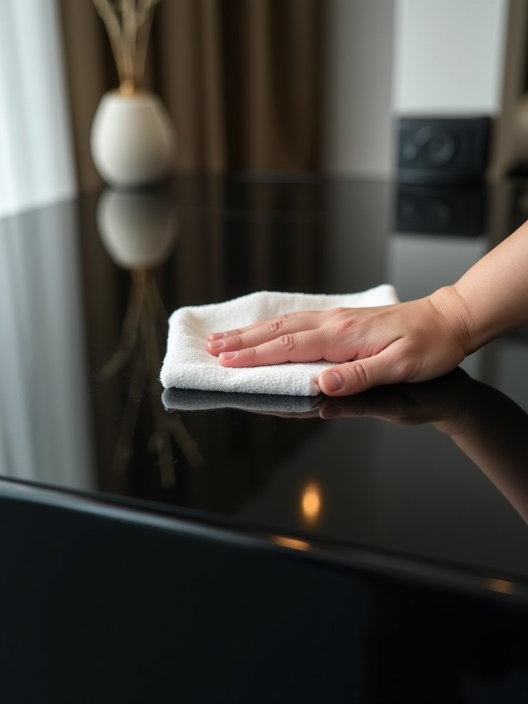 Close-up of a hand gently cleaning a highly polished black dresser surface with a soft microfiber cloth, showing a streak-free, pristine finish, against a blurred background of a modern bedroom.