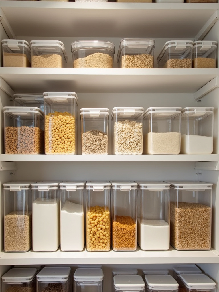 Modern pantry interior featuring clear, air-tight storage containers filled with categorized dry goods like pasta, rice, and baking supplies. The shelves are neatly arranged, showcasing an organized and functional kitchen storage space. Soft, even lighting highlights the clarity of the containers.