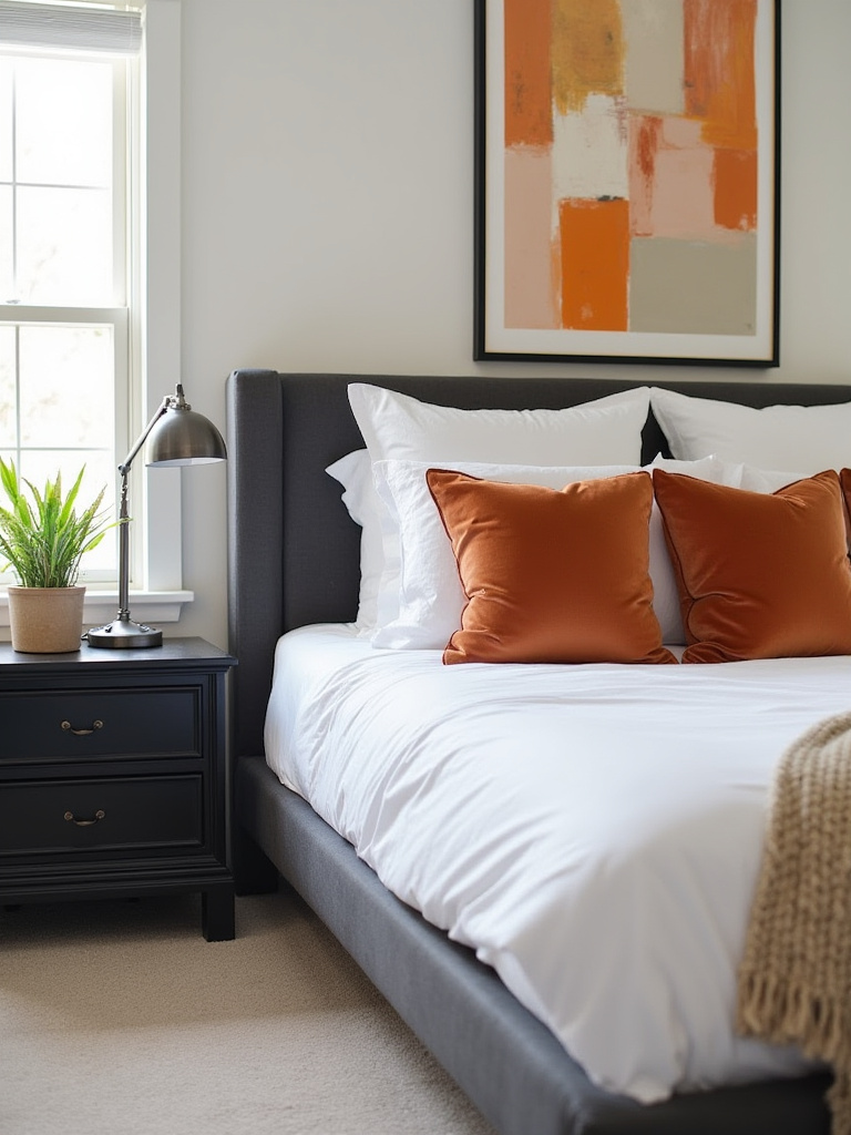 Bedroom with black bed frame, nightstands, and updated accessories: terracotta velvet pillows, a warm-toned abstract art piece, metallic lamps, and a small potted plant. The image highlights a revitalized and modern interior design.