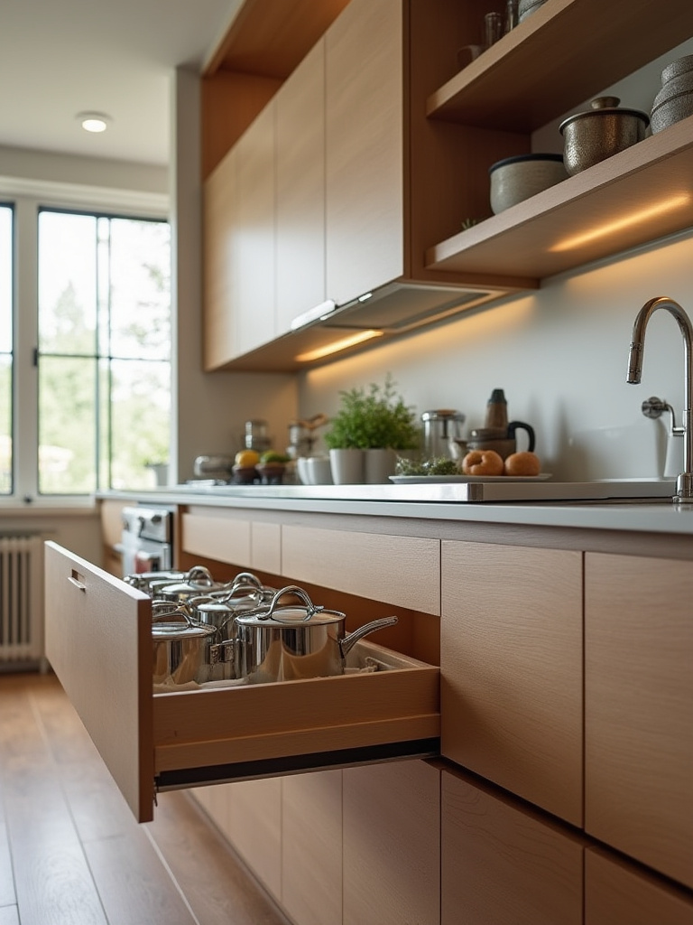 Contemporary kitchen cabinetry with deep drawers for storage, showing stylish design and durable construction.