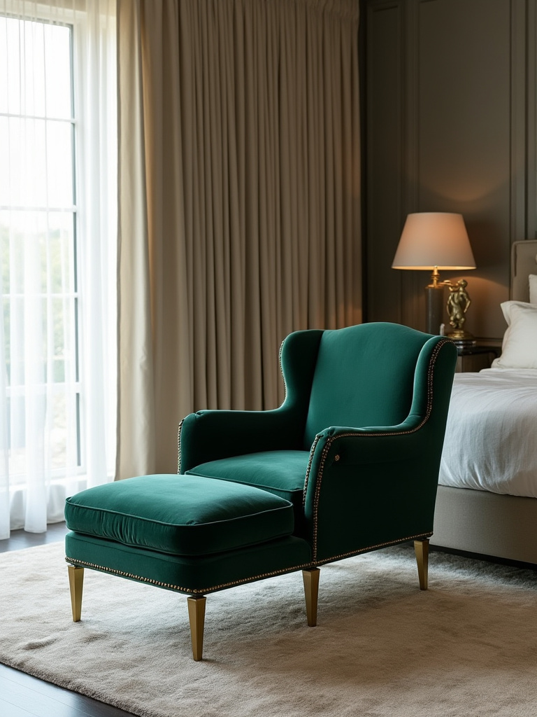 Portrait of a luxe bedroom seating area with a designer chaise lounge in velvet