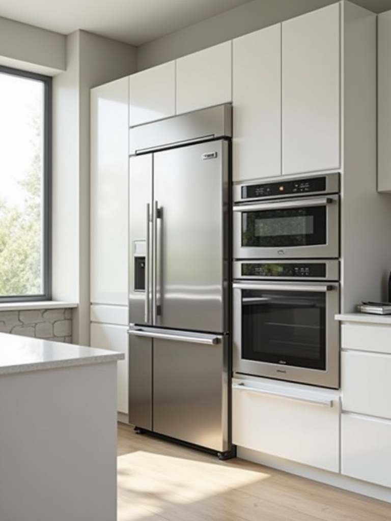 Modern kitchen with energy-efficient appliances in a clean, organized layout