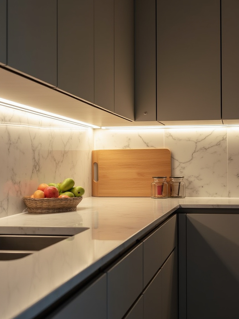 Vertical portrait of a modern kitchen with under-cabinet lighting illuminating the countertop
