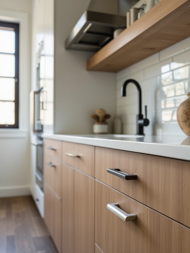 Portrait shot of a modern kitchen with cohesive hardware and finishes.