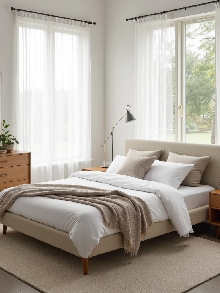 Modern bedroom with streamlined high-quality bedding on bed