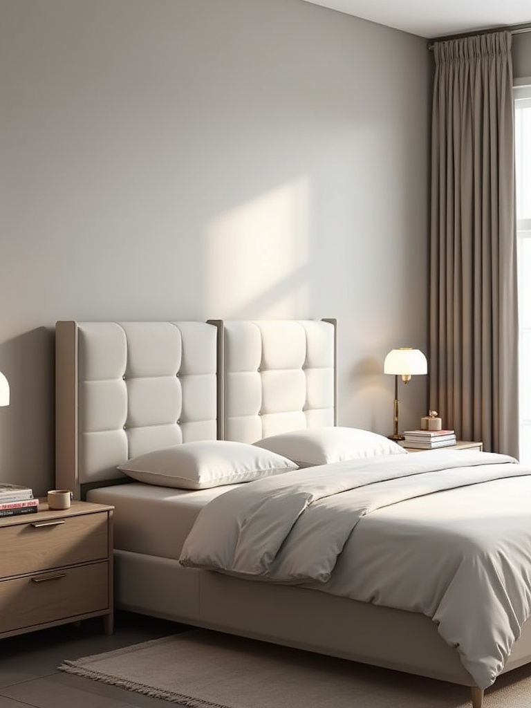 A beautifully decorated bedroom features a king-sized bed with two perfectly proportionate nightstands, scaled correctly to the bed's height and width. A contemporary table lamp and simple decor are on the nightstands, showcasing ideal bedroom furniture balance.