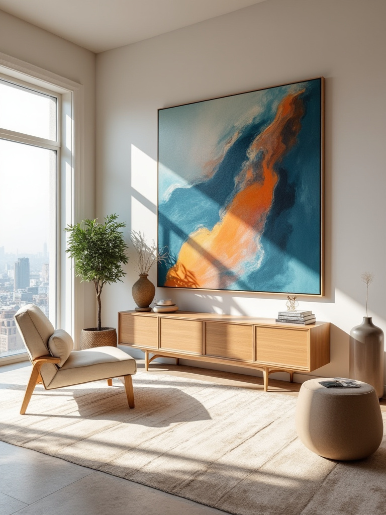 Vibrant abstract painting as a living room statement artwork, reflecting unique personality and style