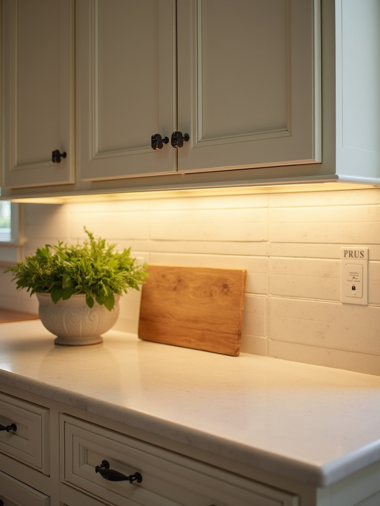 Farmhouse kitchen with warm LED under-cabinet strip lighting illuminating soapstone countertops, a wooden cutting board, and fresh herbs, showcasing a practical and ambient glow.