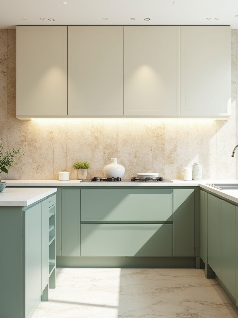 A modern kitchen featuring a cohesive color palette of soft cream upper cabinets, light sage green lower cabinets, and a textured beige stone backsplash, creating a harmonious and flowing ambiance. Natural light illuminates the unified design.