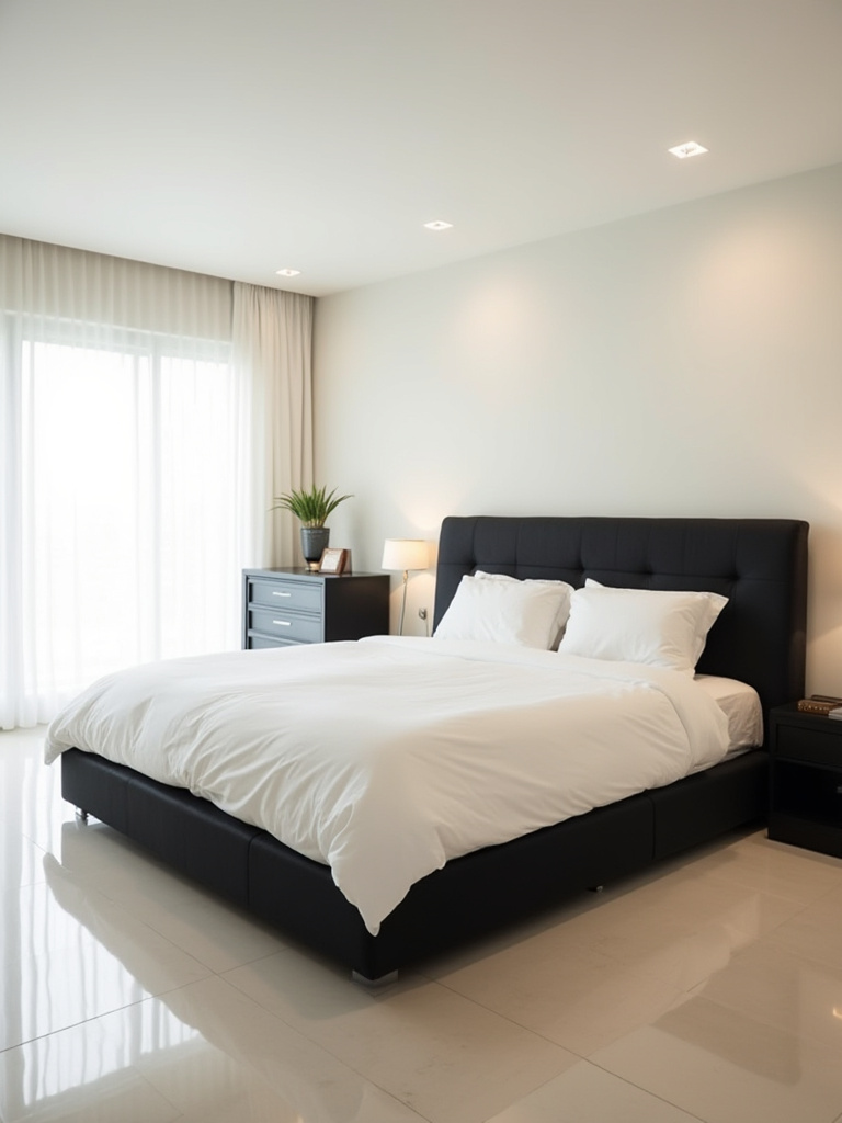 A chic bedroom with a black upholstered bed and nightstands, set against soft off-white walls, demonstrating ideal wall colors for black bedroom furniture.