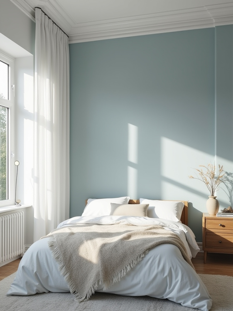 Calming bedroom with blue-gray walls and white trim