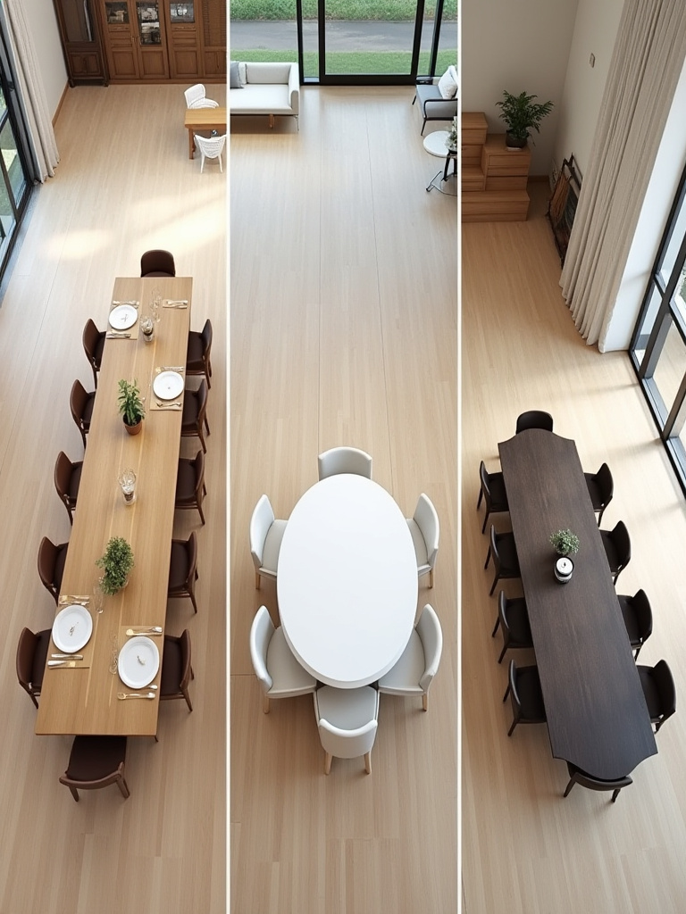 Three empty dining room scenes side-by-side, each featuring a different dining table shape: a rectangular table in a long room, a round table in a square room, and an oval table in an open-plan space, demonstrating ideal room dimension fitting.