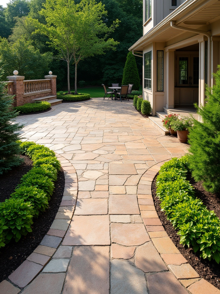 A well-designed backyard patio featuring warm natural flagstone and permeable concrete walkways, surrounded by lush green plants, showcasing effective hardscaping material choices.