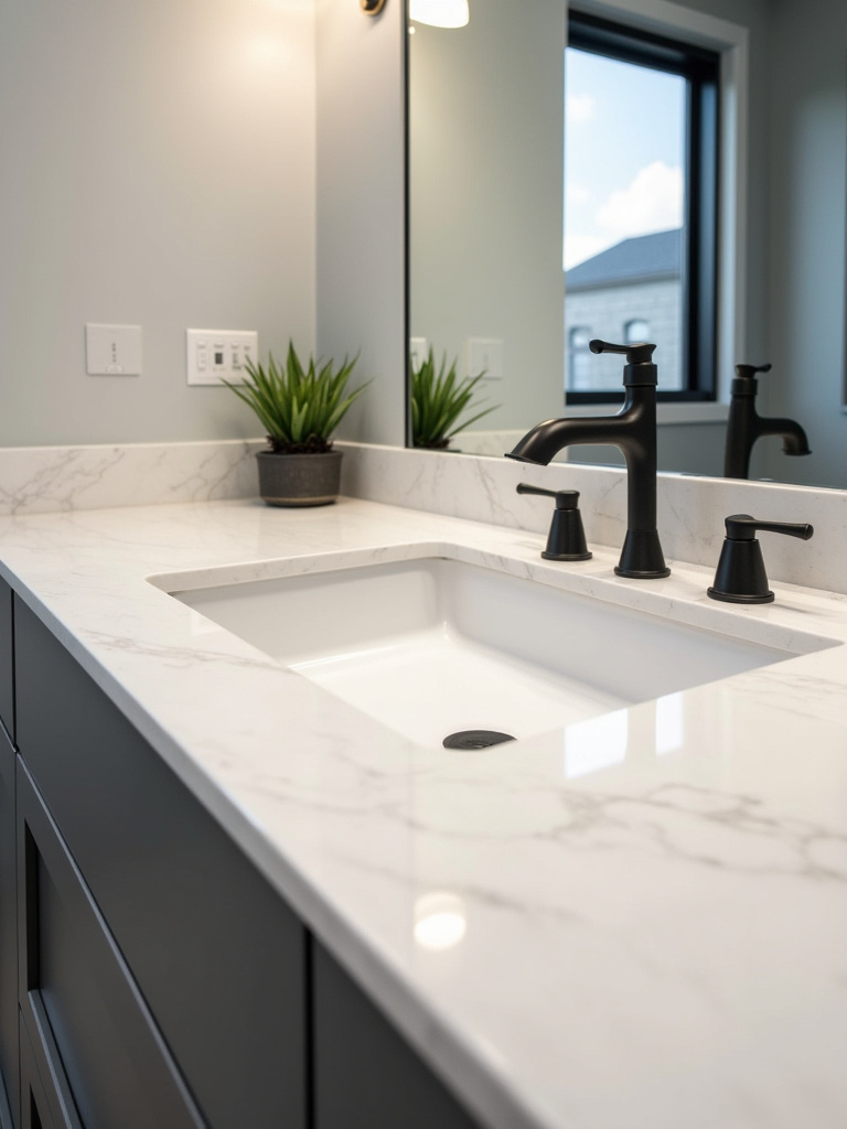 Modern bathroom vanity with sleek grey quartz countertop and integrated sink, showcasing contemporary design and durability.