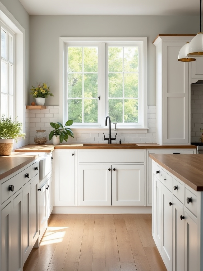 A comparison image in a farmhouse kitchen showing both classic white Shaker cabinets with recessed panels and elegant white inset cabinets with flush doors and exposed hinges, highlighting the aesthetic differences.