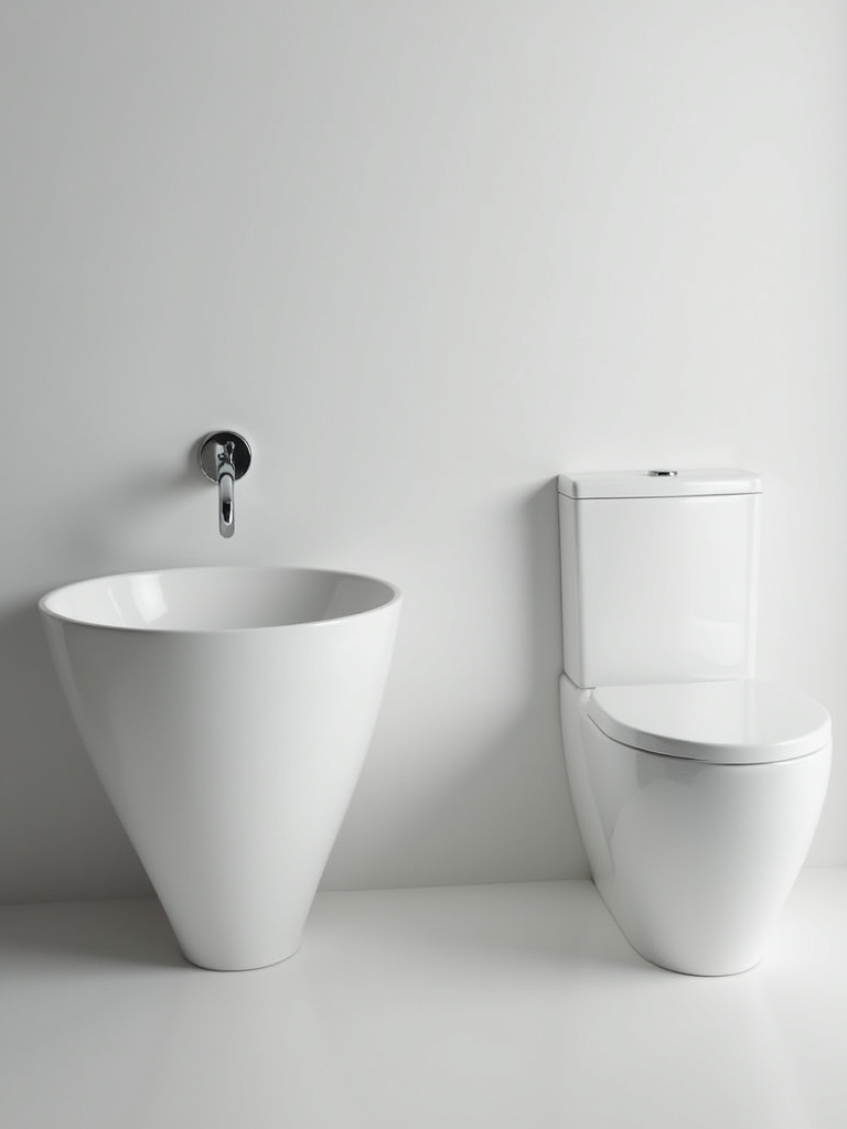 Modern bathroom featuring a sleek, water-efficient chrome faucet, minimalist white ceramic vessel sink, and a contemporary dual-flush toilet. Neutral color palette and clean lines.
