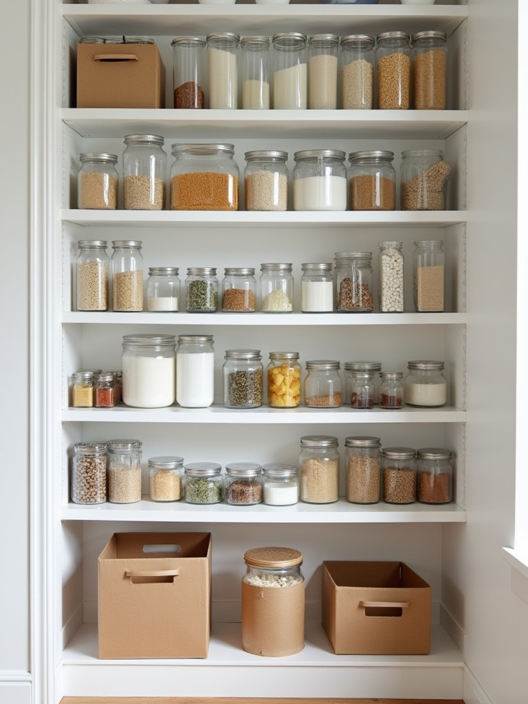 A brightly lit, meticulously organized kitchen pantry with various labeled containers and clear bins, symbolizing a successful bi-annual deep decluttering session.