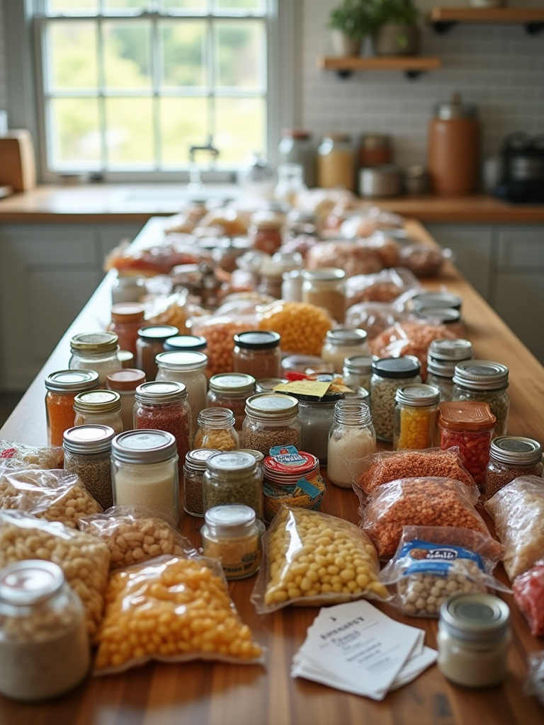 Various kitchen pantry items and food goods systematically laid out on a kitchen island for inventory and categorization.