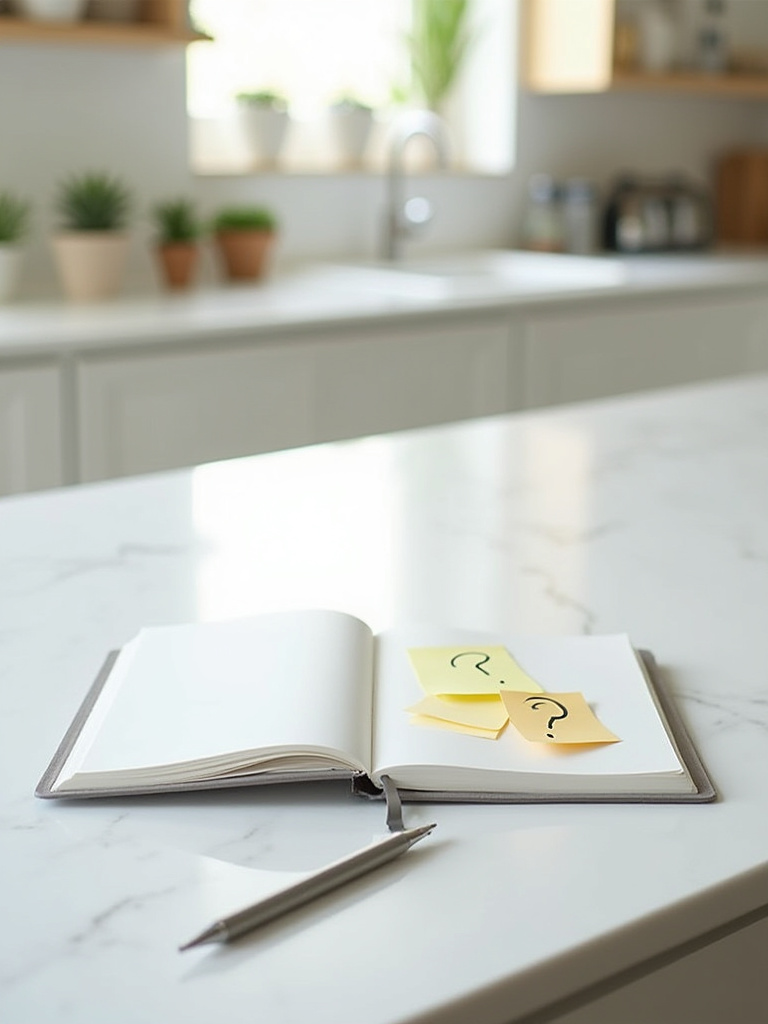 Overhead view of a minimalist kitchen counter with a notebook, pen, and planning materials, symbolizing a kitchen lifestyle audit for personalized design.