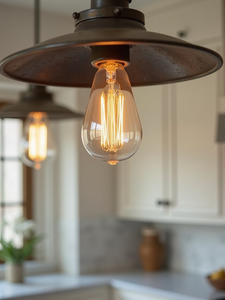 Meticulously clean, vintage-style pendant light in a farmhouse kitchen, showcasing optimal lighting efficiency and aesthetics from an annual audit.