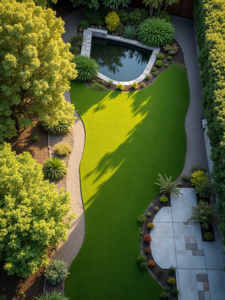 Aerial view of a planned backyard showcasing distinct sun and shade zones, indicating a thorough site assessment for optimal layout and design of an outdoor living space, with natural pathways and diverse planting. No people, no tools.
