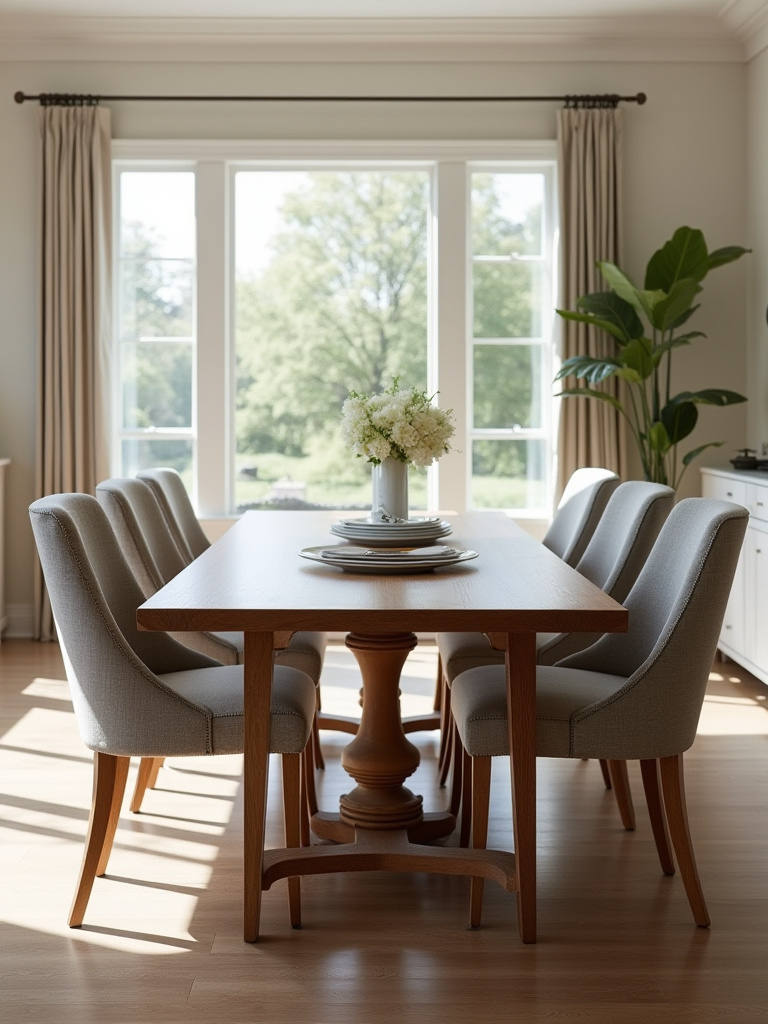 A modern dining room featuring a sturdy solid wood table and chairs with performance fabric upholstery, showcasing durable and easy-to-maintain furniture materials for longevity and effortless cleaning.