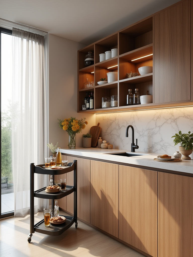 Portrait of a modern kitchen showing a built-in permanent bar and a nearby portable bar cart for flexible entertaining.