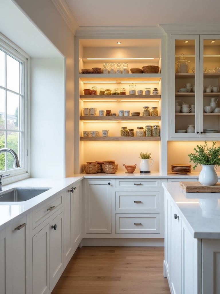 Modern kitchen with pantry and display cabinet lighting