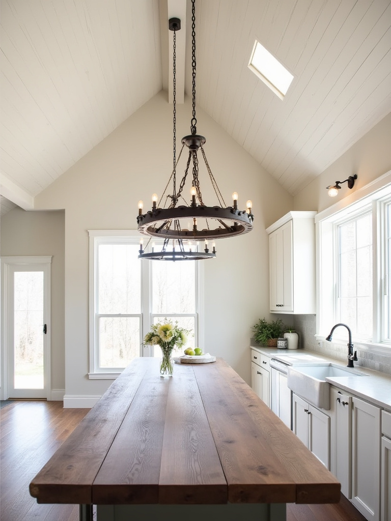 A large, rustic wagon wheel chandelier perfectly sized and hung in a farmhouse kitchen with high vaulted ceilings, demonstrating appropriate lighting fixture scale.