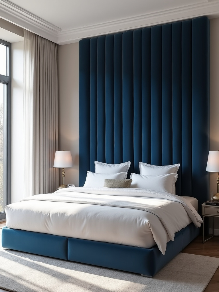 A luxurious bedroom featuring a tall, navy blue channel-tufted velvet statement headboard, creating architectural interest behind a bed with white bedding.