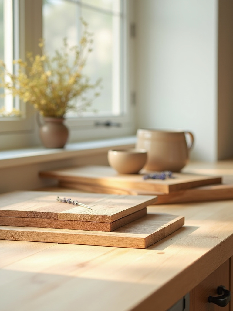 A curated display of farmhouse kitchen cabinet material samples, featuring different wood types like oak and maple, demonstrating choices for durability and rustic aesthetic.