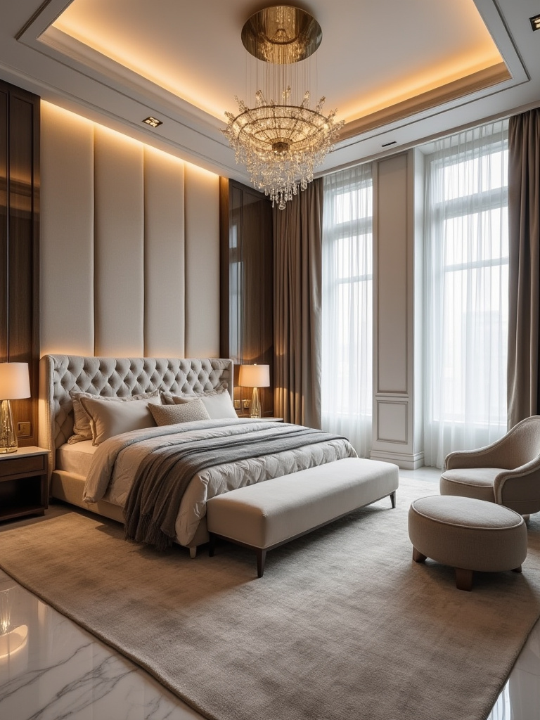 Portrait view of a luxury bedroom with bespoke headboard, velvet textures, and brass accents