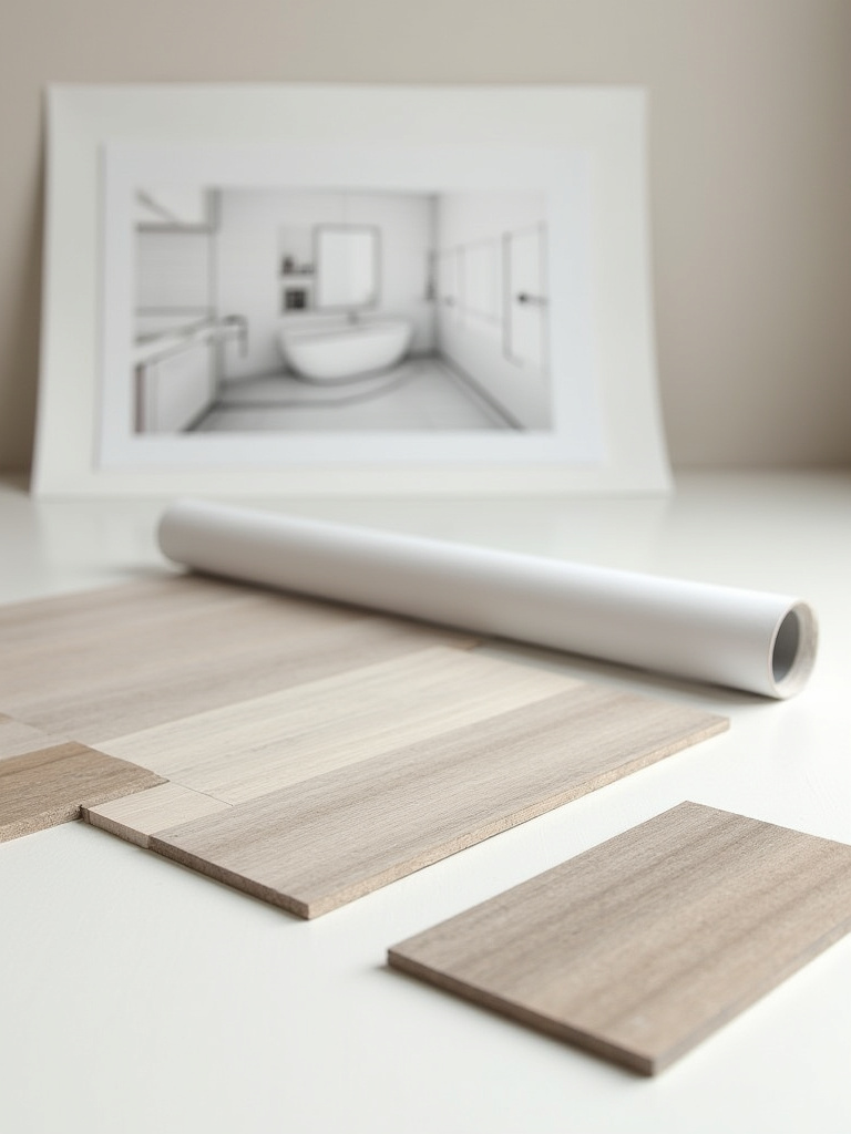 Elegant arrangement of modern bathroom material samples and architectural plans, symbolizing expert design and contracting consultation.