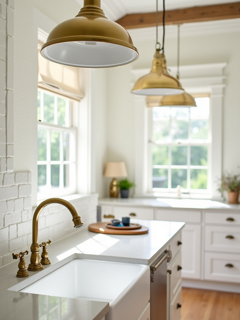 A farmhouse kitchen island with antique brass pendant lights, a matching antique brass bridge faucet, and antique brass cabinet hardware on white shaker cabinets, showcasing coordinated fixture finishes.