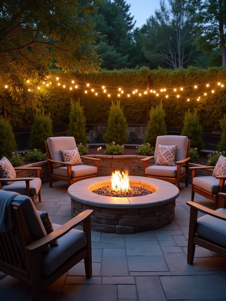 Cozy backyard nook with a circular stone fire pit, comfortable outdoor seating, and warm ambient lighting at dusk.
