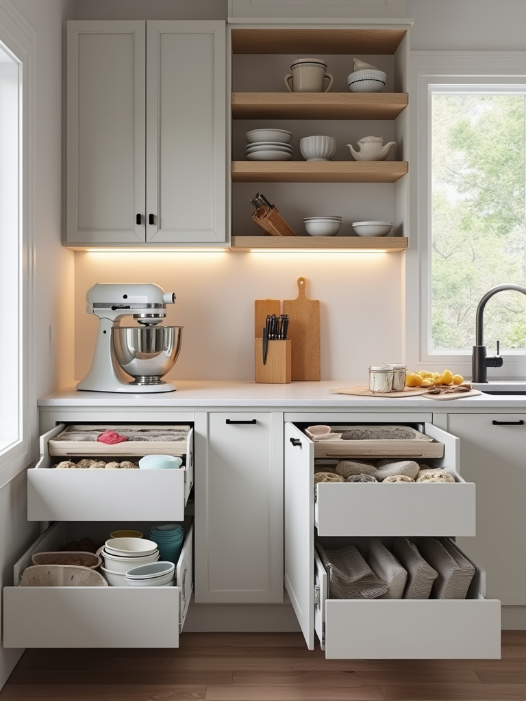 Vertical shot of a modern kitchen with clearly defined baking and prep zones, organized and bright