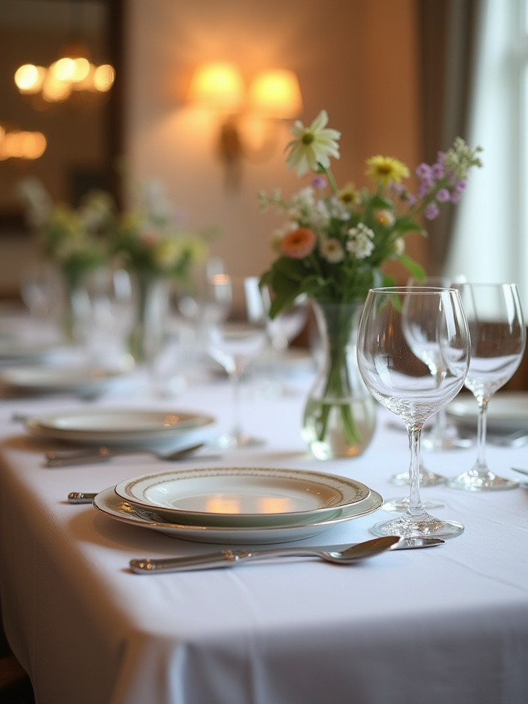 Elegant dining table set with white china, crystal glasses, silver cutlery, linen tablecloth, and a small floral centerpiece under soft lighting, creating an inviting atmosphere.