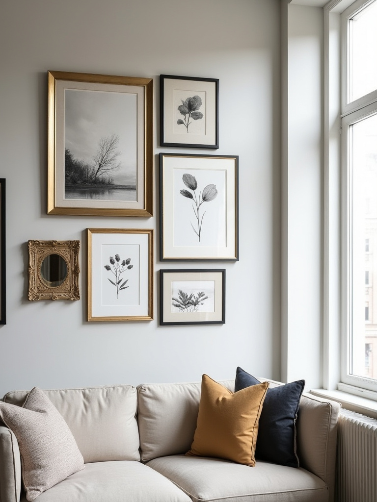 A sophisticated living room featuring a large, cohesive gallery wall with various artworks in mixed frames (wood, metal, ornate), creating a personalized and visually rich display against a neutral wall.