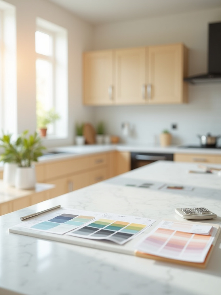Vertical kitchen planning scene with swatches and mood boards, no people