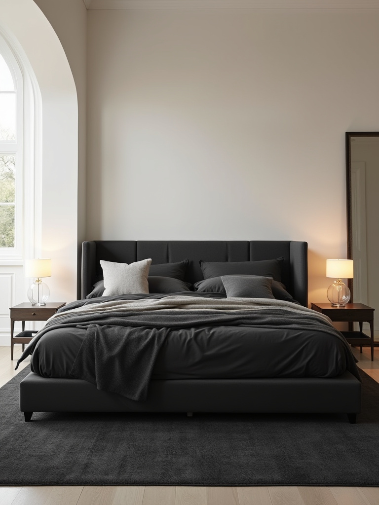 Elegant black bedroom furniture layout featuring a central black bed, light nightstands, and a large mirror to maximize space and sophistication. Professional interior design photo showcasing optimized placement for dark furniture.